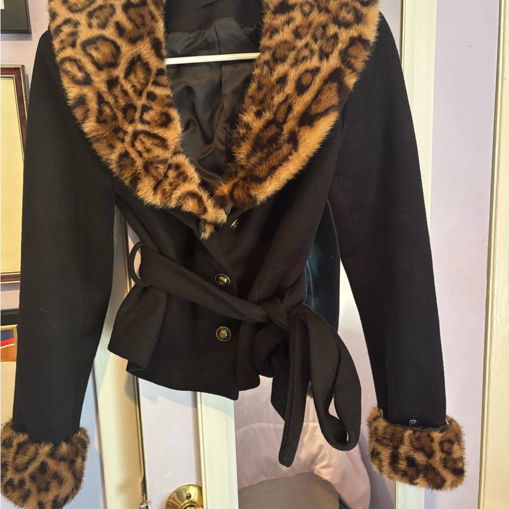 Leopard Trim Black Women's Jacket